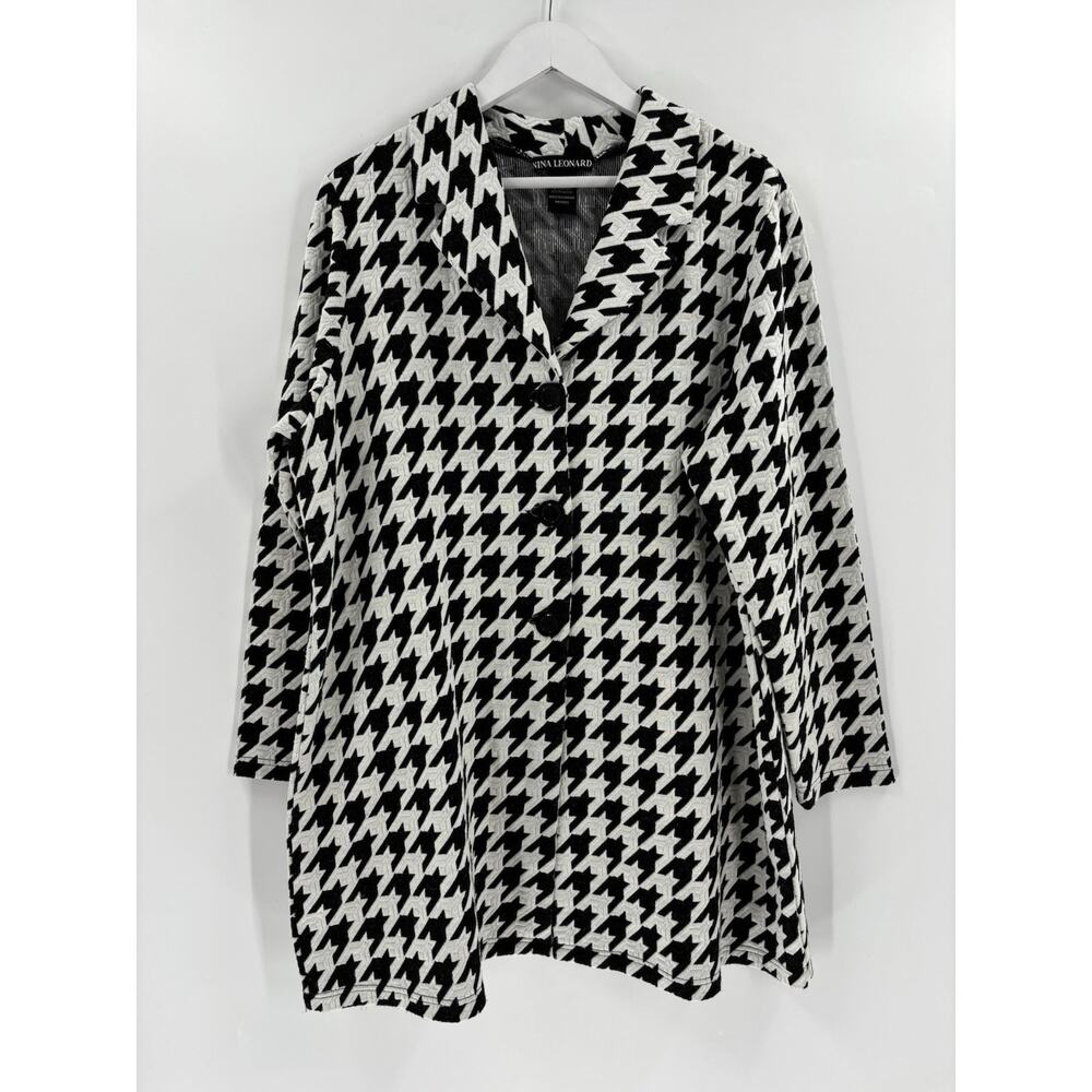 Nina Leonard Blazer Jacket Womens 1X Black White Houndstooth Mid Length Buttons
